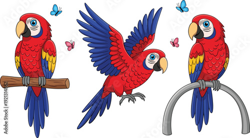 Tropical Scarlet Macaw Parrot Vector Illustration Set with Flying and Perching Poses with Colorful Butterflies on White Background
