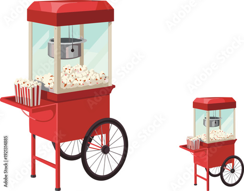 Popcorn machine cart vector illustration, red cinema snack stand with glass box and wheel, isolated flat design