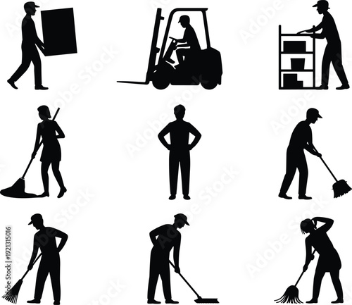 Warehouse worker silhouettes set, forklift operator cleaner porter loader sweeping poses, black isolated vector illustration collection