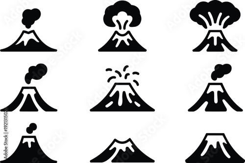 Volcano eruption icons set, lava explosion smoke cloud mountain silhouettes, natural disaster symbols, black isolated vector illustration