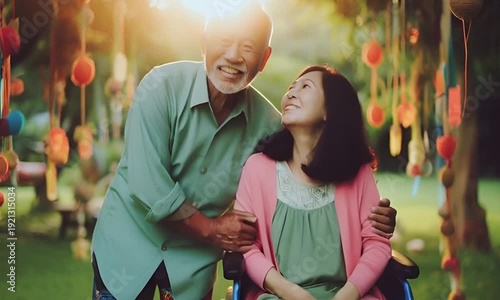 A disabled couple poses for a photo together.