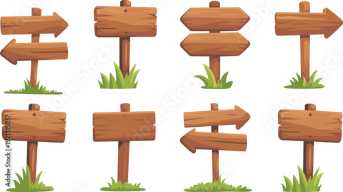 Wooden direction signboards set, rustic empty wood arrows and boards with grass, isolated cartoon vector illustration