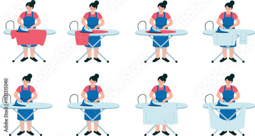 Woman ironing clothes vector set, housewife doing laundry on ironing board, household chores routine, isolated flat illustration