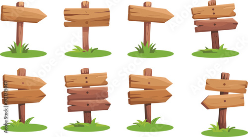 Wooden direction signposts set, rustic wood arrow boards on grass, forest trail guide signs, isolated cartoon vector illustration
