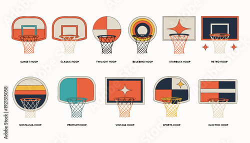 Modern basketball hoop collection in retro athletic style, showcasing clean vector nets and rims that capture classic court atmosphere, competitive spirit, and timeless sports design aesthetics.