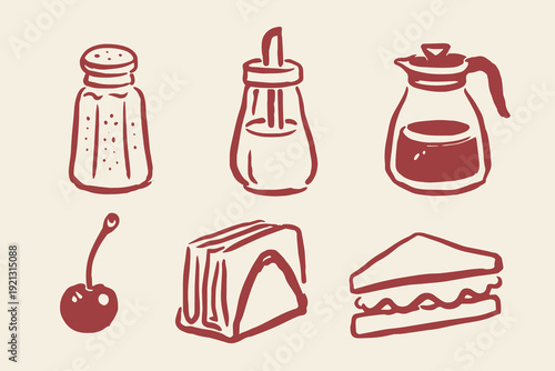 Diner condiments coffee and sandwich sketch vector illustration