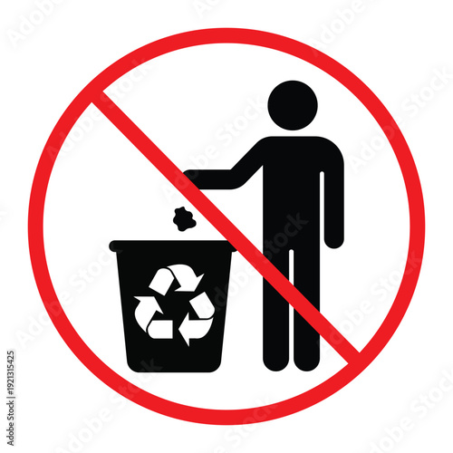No littering prohibition sign showing a person throwing trash into a bin crossed by a red circle and diagonal line. Simple black pictogram on light background, ideal for public notice, hygiene and saf