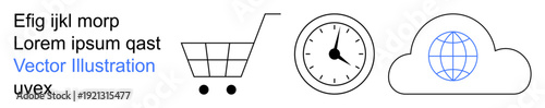 E-commerce, time tracking, global business, cloud services, online shopping, digital solutions. Shopping cart, analog clock and cloud with globe outline. E-commerce and time tracking concepts