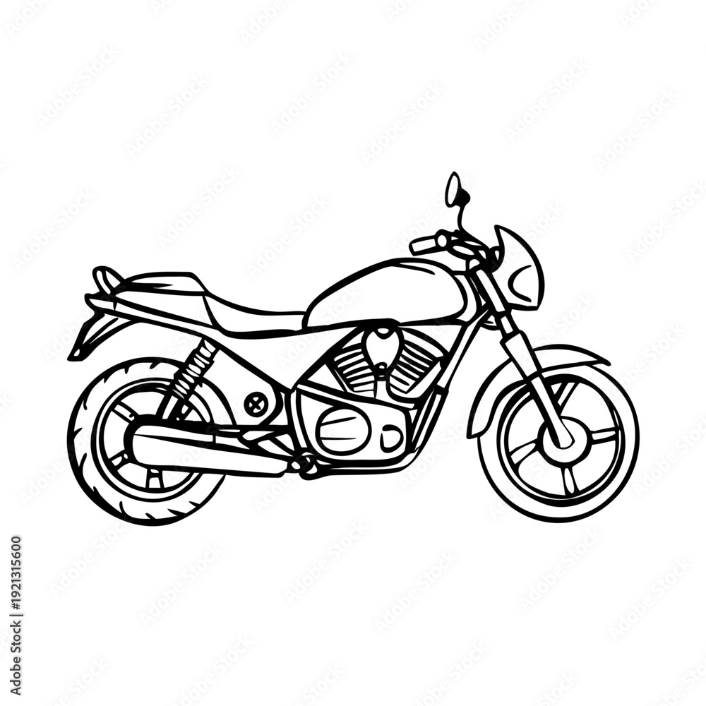 Fototapeta premium Motorcycle sketch, classic outline detailing engine, wheels, exhaust. Hand drawn motorcycle sketch portrays retro design, textured vintage look. Ideal graphic resource for app icons.