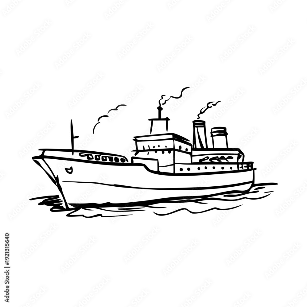 Fototapeta premium Hand drawn steamship sketch showing vintage ocean liner, smoking funnels. Detailed steamship sketch offers maritime history, travel design, education.