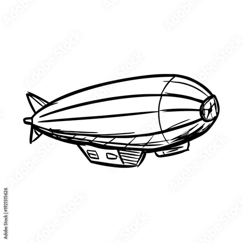 Hand-drawn zeppelin sketch, textured vintage look, captures classic airship. Pencil illustration depicts iconic blimp. This zeppelin sketch shows gondola, fins, balloon shape.