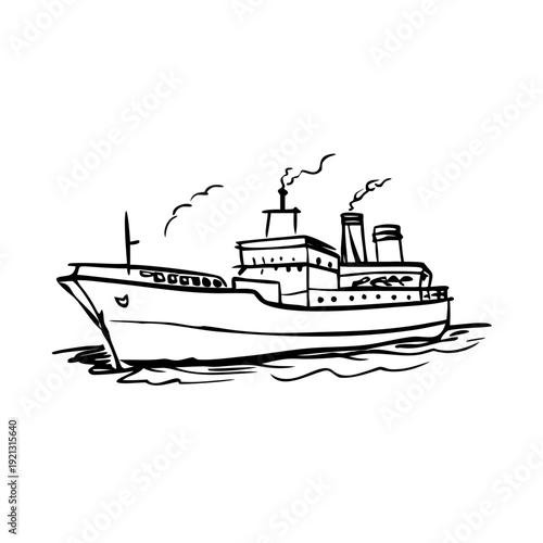 Hand drawn steamship sketch showing vintage ocean liner, smoking funnels. Detailed steamship sketch offers maritime history, travel design, education.