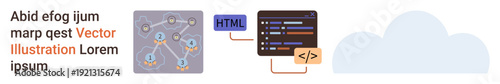 Cloud computing, web development, coding, network visualization, programming, data sharing. Abstract of a network, HTML structure and code interface. Cloud computing and web development