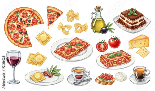 Hand-Painted Italian Cuisine Watercolor Clipart – Pasta, Pizza, Wine, Espresso, and Desserts