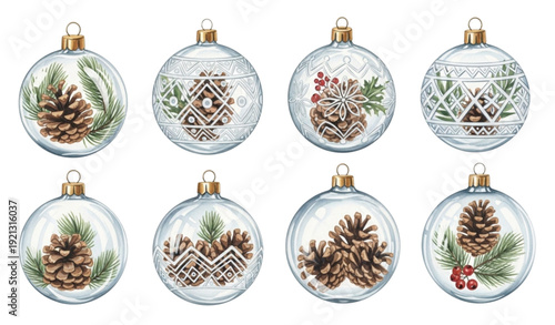 Watercolor Christmas Tree Ornaments Collection – Glass Baubles with Pinecones Clipart Set