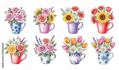 Watercolor Flowers in Mugs & Pots – Roses, Sunflowers, Tulips, Lavender, and More Clipart Set