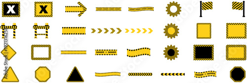 Industrial hazard warning elements set with stripes arrows frames and safety shapes. . Industrial sign, construction safety posters or alert symbol. caution, warning, hazard, safety, construction,