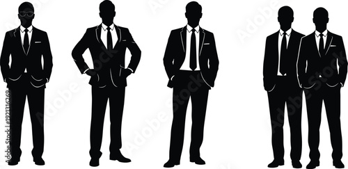 Elegant businessman silhouettes in formal suits standing confident isolated on white background corporate fashion illustration set