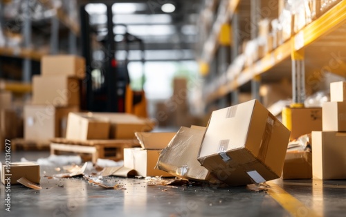 Messy Warehouse Floor with Fallen Cardboard Boxes