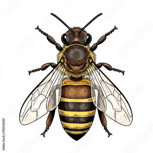 A detailed illustration of a honey bee viewed from the top, showcasing its striped body and transparent wings.