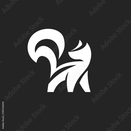 Stylized White Fox or Cat Logo Design with Curled Tail on Dark Background