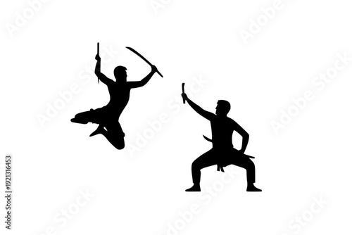 Silhouette of athletic female warrior performing high kick with bo staff