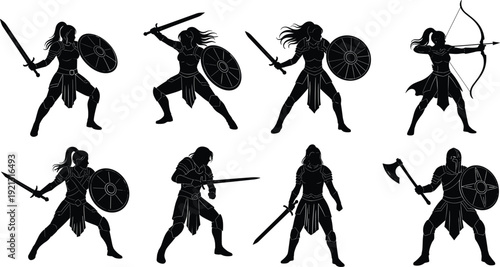 Female warrior and knight silhouettes with swords shields and bow in dynamic combat poses isolated illustration set