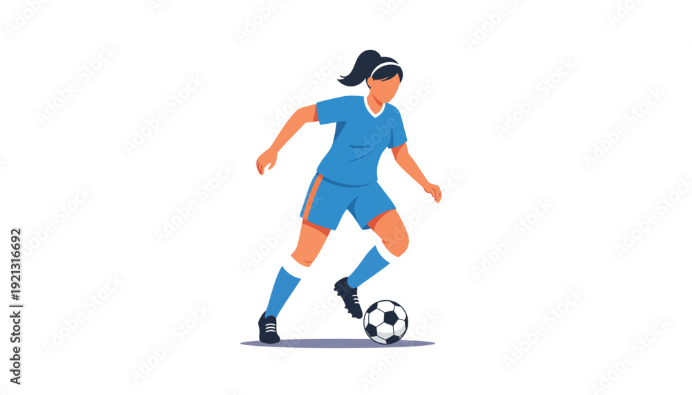 Obraz premium Female soccer player in blue uniform skillfully dribbles a ball during a match illustration.