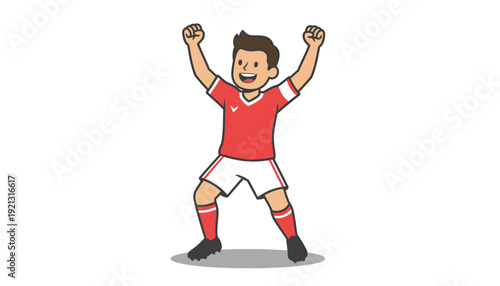 Joyful young male soccer fan or athlete celebrates victory with both arms raised high above his head.