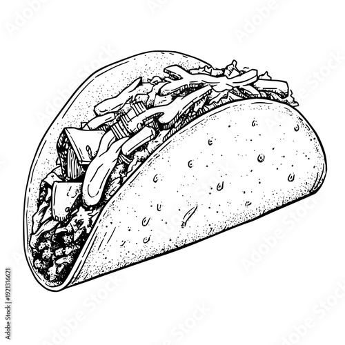 Detailed black and white illustration of a taco filled with meat and toppings in a tortilla shell