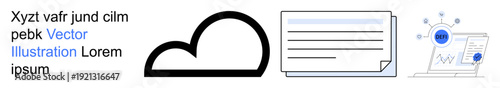 Cloud storage, data analytics, file management, digital communication, technology services, connectivity. A black cloud, a document with text and a networking interface. Cloud storage and data