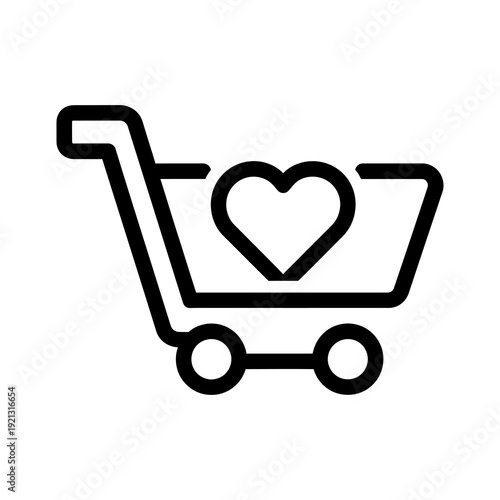 Clean line icon of a shopping cart with a heart, symbolizing favorite products, a personal wish list, or a beloved online shopping experience for e-commerce platforms