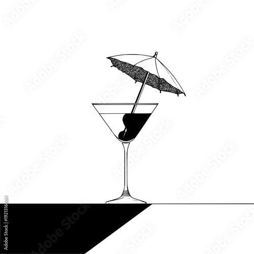 Illustration of a martini glass with a dark liquid cherry and a cocktail umbrella on a white background