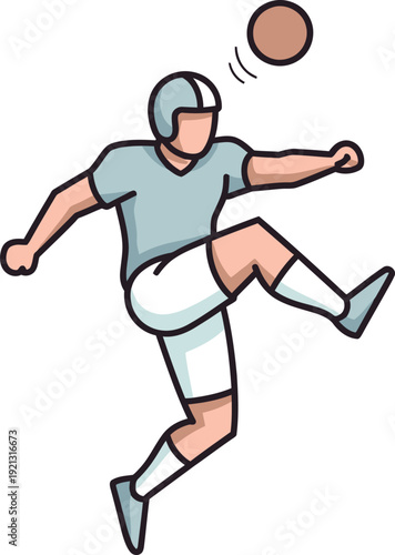 Football player wearing a helmet executes a dynamic mid-air kick to propel a brown ball upwards.