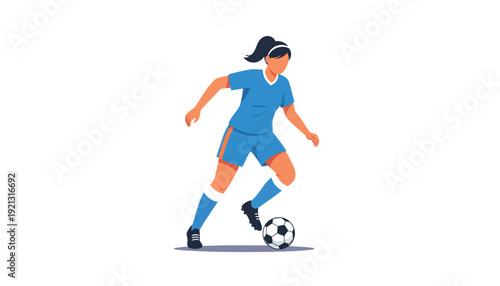 Female soccer player in blue uniform skillfully dribbles a ball during a match illustration.