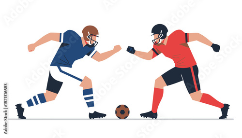 Two American football players in contrasting blue and red uniforms face off aggressively over the ball.