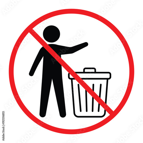 No littering prohibition sign showing a person throwing trash into a bin crossed by a red circle and diagonal line. Simple black pictogram on light background, ideal for public notice, hygiene and saf