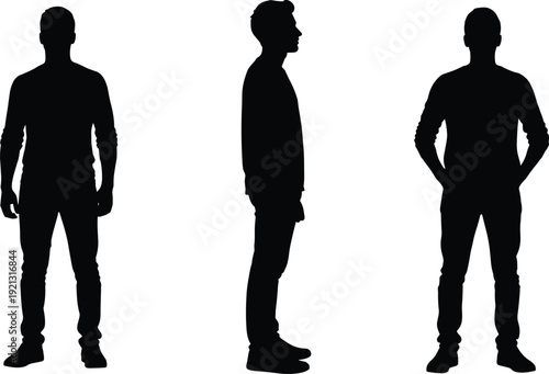 Male silhouette standing in front side and back views isolated on white background full body illustration set