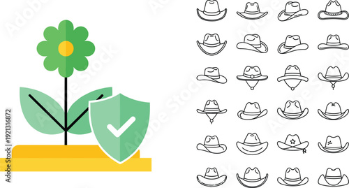 Copyright protected design vector illustration with flower shield checkmark and cowboy hat icon collection
