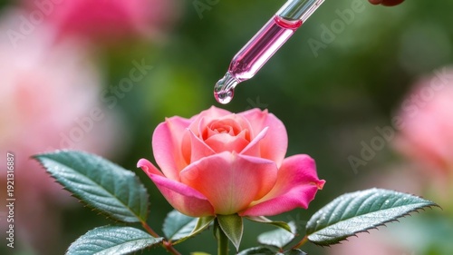 Pink rose with droplet from glass dropper in lush garden.