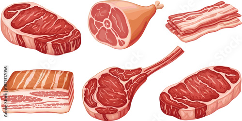 Raw meat cuts collection vector illustration with beef steak ham bacon pork ribs butcher food set