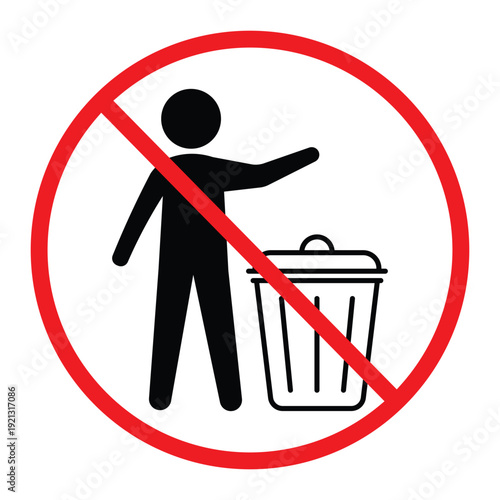 No littering prohibition sign showing a person throwing trash into a bin crossed by a red circle and diagonal line. Simple black pictogram on light background, ideal for public notice, hygiene and saf