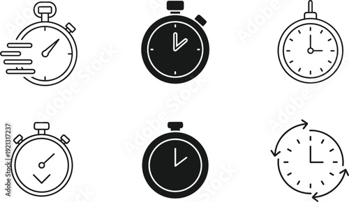 Stopwatch timer icon set vector illustration with countdown clock time measurement symbols collection