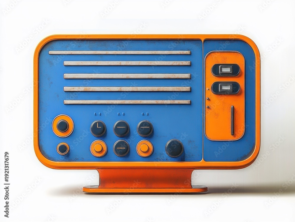 Fototapeta premium cheerful retro tabletop radio in blue and orange with horizontal speaker slats, round knobs and circular buttons, two rectangular toggles, vertical slider and short pedestal