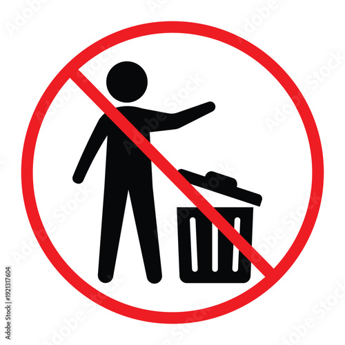 No littering prohibition sign showing a person throwing trash into a bin crossed by a red circle and diagonal line. Simple black pictogram on light background, ideal for public notice, hygiene and saf