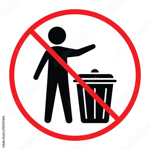 No littering prohibition sign showing a person throwing trash into a bin crossed by a red circle and diagonal line. Simple black pictogram on light background, ideal for public notice, hygiene and saf