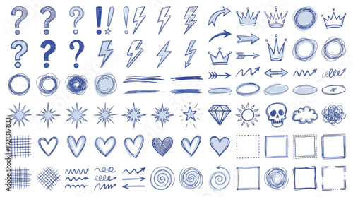 Blue scrapbook scribble doodle stickers set on notebook grid background. Crayon or pencil drawn doodle on torn edges collage blue paper. Pen note scribbles, crown, arrow and heart scrapbook clip art.