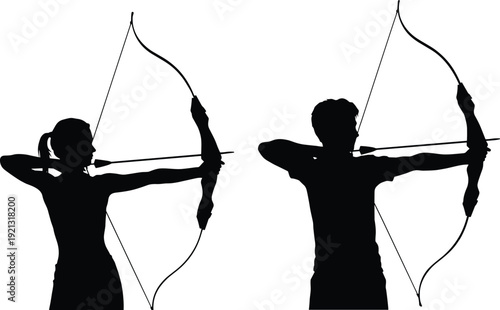 Silhouette of man and woman aiming bows and arrows archery silhouettes bow and arrow