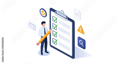 Businessman completing a checklist on a giant clipboard with a pencil.