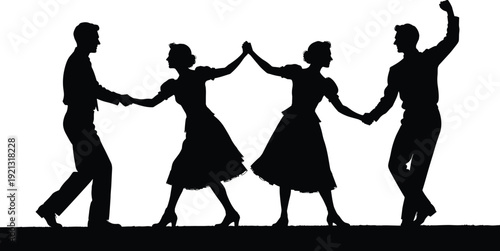 Silhouette of four people dancing in pairs on white background couples
